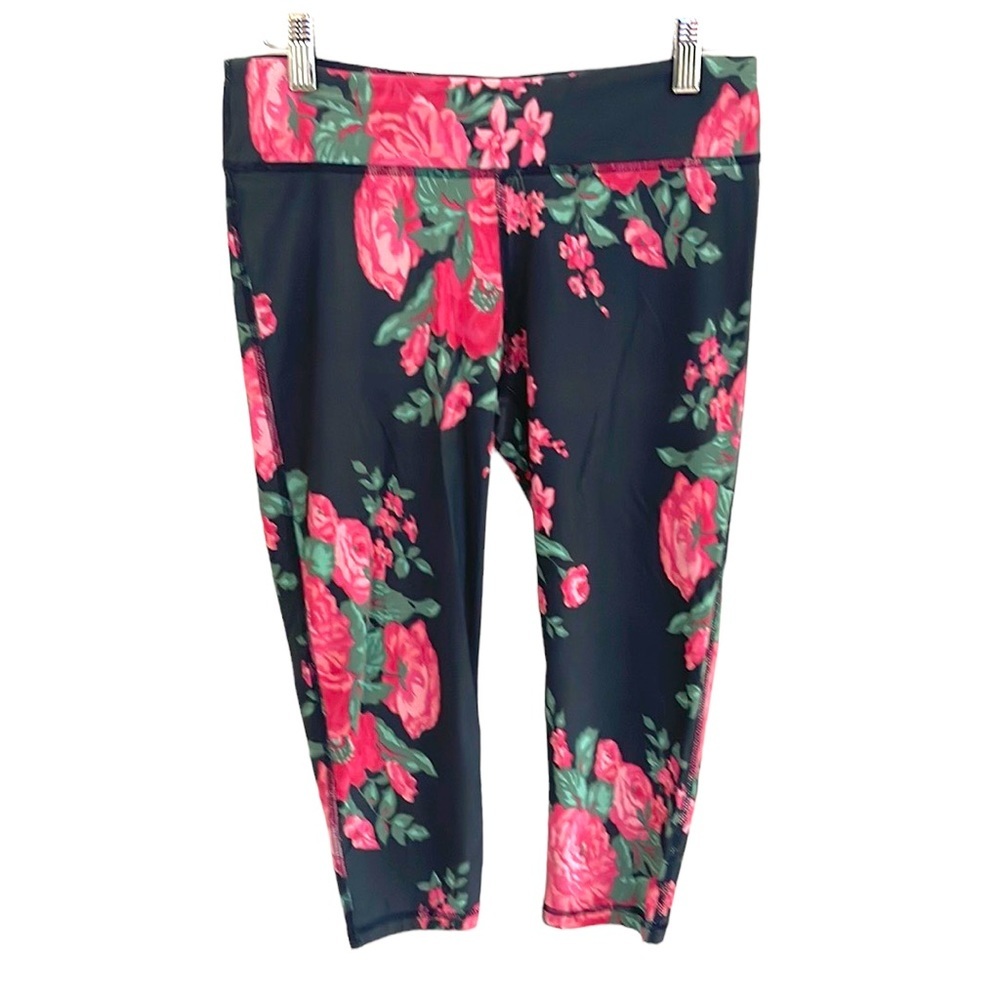 ALBION Charcoal Grey Pink floral cropped Leggings SZ S